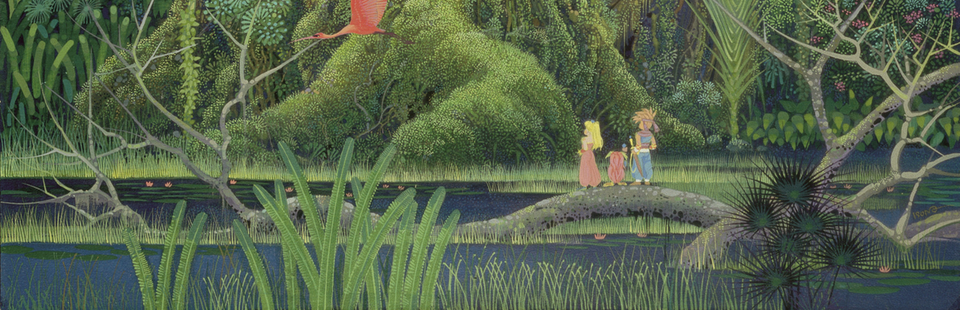Randi, Primm and Popoi in the illustrated forest of Secret of Mana