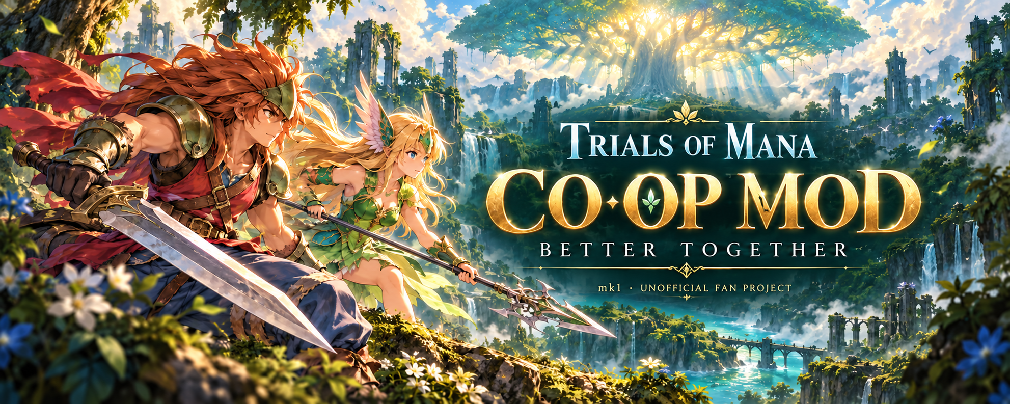 Trials of Mana Co-op Mod — Better Together. Fan artwork featuring Duran, Riesz and a sunlit Mana Tree