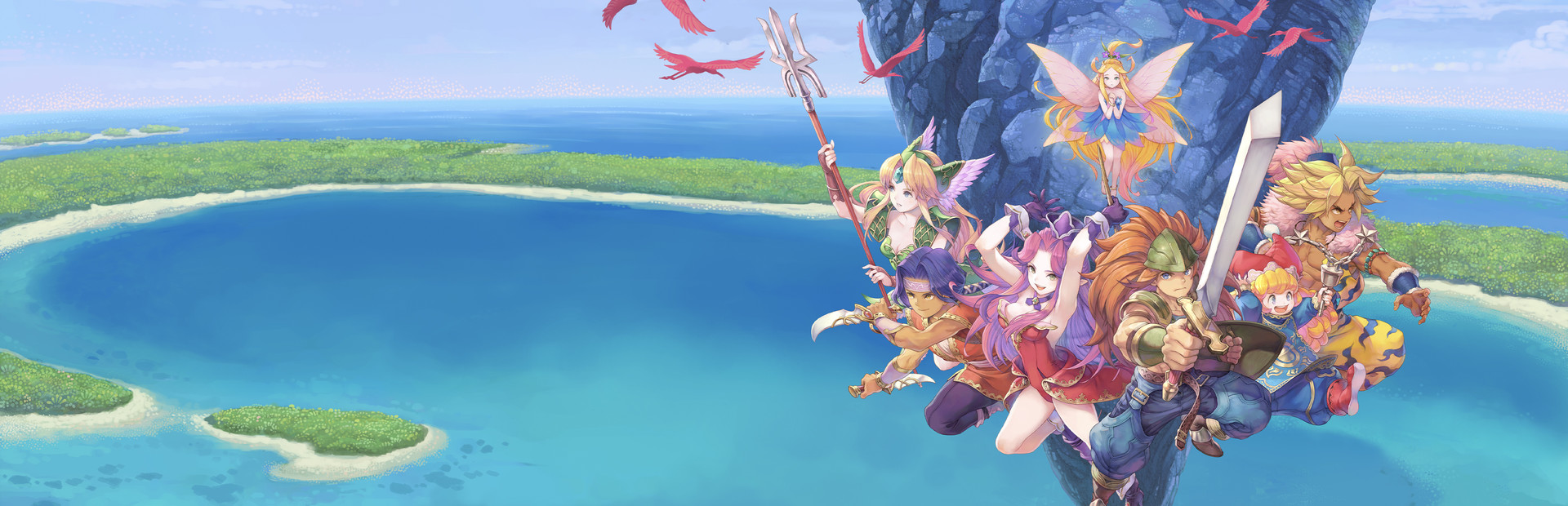 The six Trials of Mana heroes with the Mana Tree above a blue sea